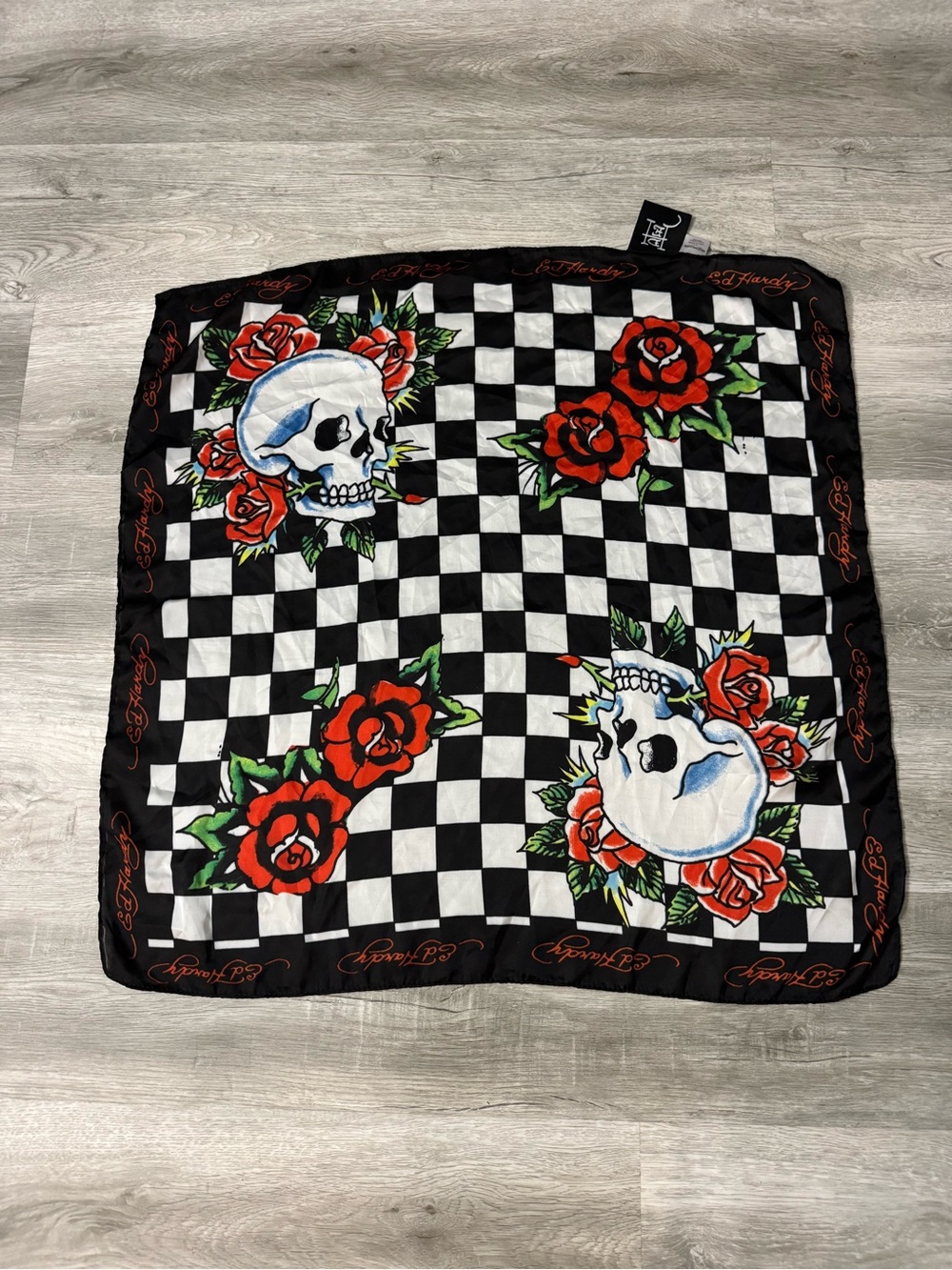 Ed Hardy Black & White Checker Scarf with Red Rose and Skull Print